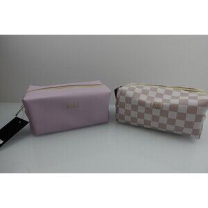 Lot of 2 Cosmetic Pouches Checkered Purple Makeup Bag Travel Organizer for Women